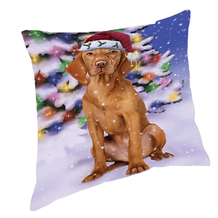 Winterland Wonderland Vizsla Dog In Christmas Holiday Scenic Background Throw Pillow