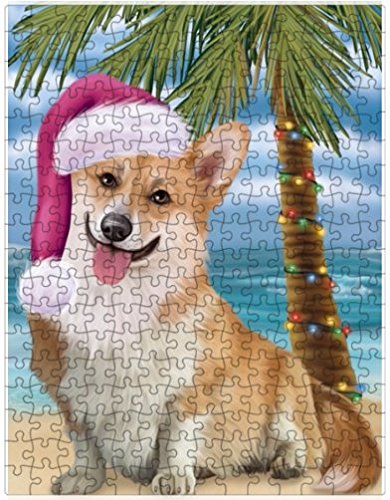 Summertime Happy Holidays Christmas Corgi Dog on Tropical Island Beach Puzzle with Photo Tin