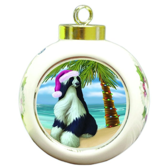 Summertime Happy Holidays Christmas Afghan Hound Dog on Tropical Island Beach Round Ball Ornament D481