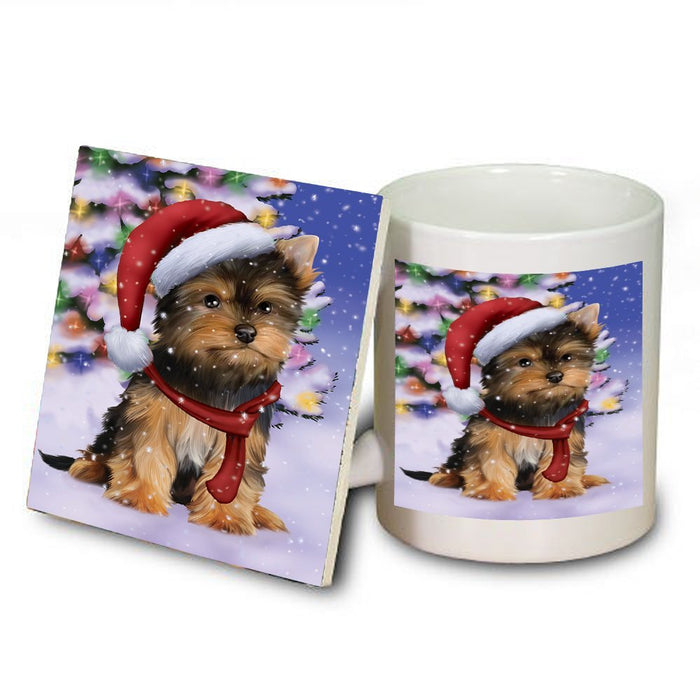 Winterland Wonderland Yorkshire Terriers Puppy Dog In Christmas Holiday Scenic Background Mug and Coaster Set
