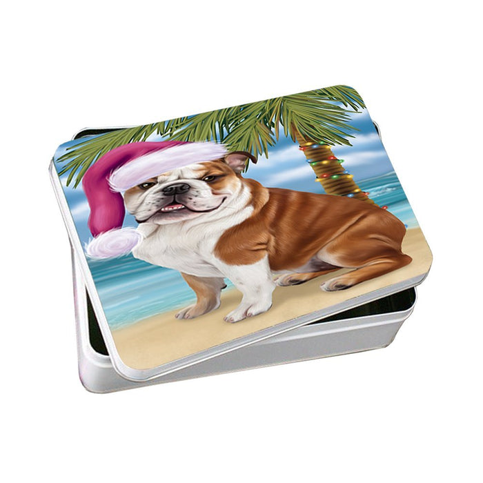 Summertime Happy Holidays Christmas Bulldog Dog on Tropical Island Beach Photo Storage Tin