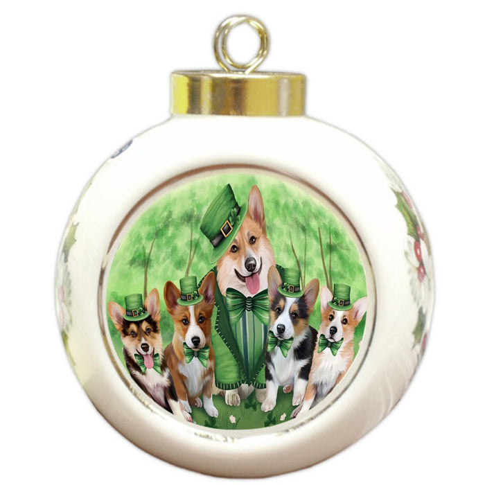 St. Patricks Day Irish Family Portrait Corgies Dog Round Ball Christmas Ornament RBPOR48787