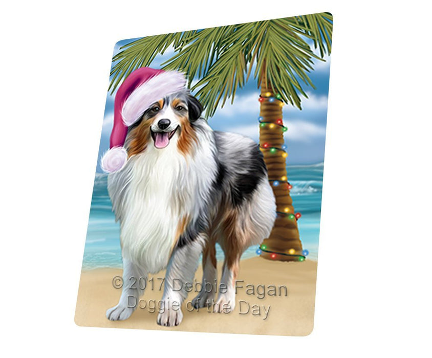 Summertime Happy Holidays Christmas Australian Shepherd Dog on Tropical Island Beach Tempered Cutting Board D110