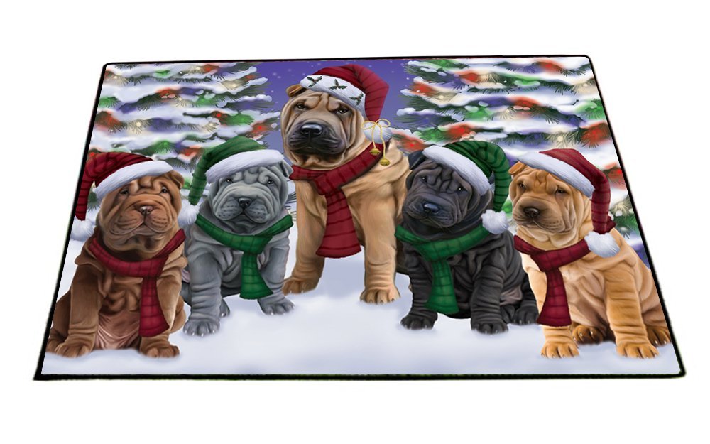 Shar Pei Dog Christmas Family Portrait in Holiday Scenic Background Indoor/Outdoor Floormat