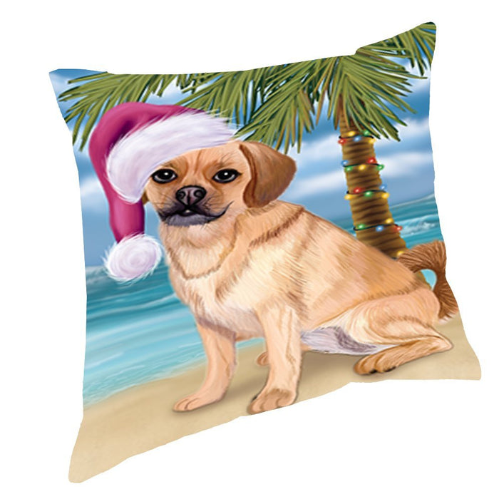 Summertime Christmas Happy Holidays Puggle Dog on Beach Throw Pillow PIL1584