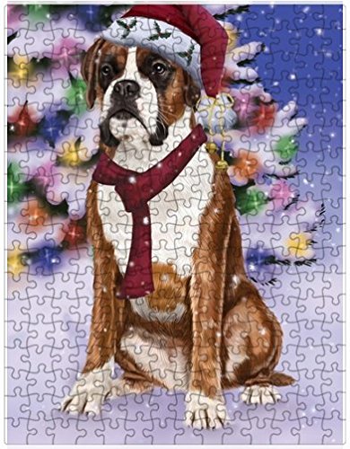 Winterland Wonderland Boxers Dog In Christmas Holiday Scenic Background Puzzle with Photo Tin