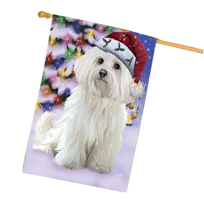 Winterland Wonderland Maltese Dog In Christmas Holiday Scenic Background House Flag