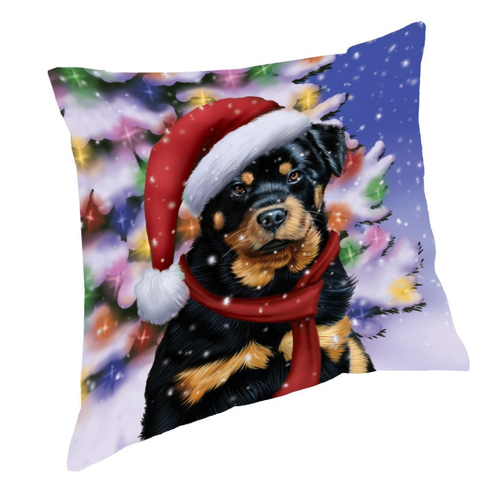Winterland Wonderland Rottweiler Dog In Christmas Holiday Scenic Background Throw Pillow