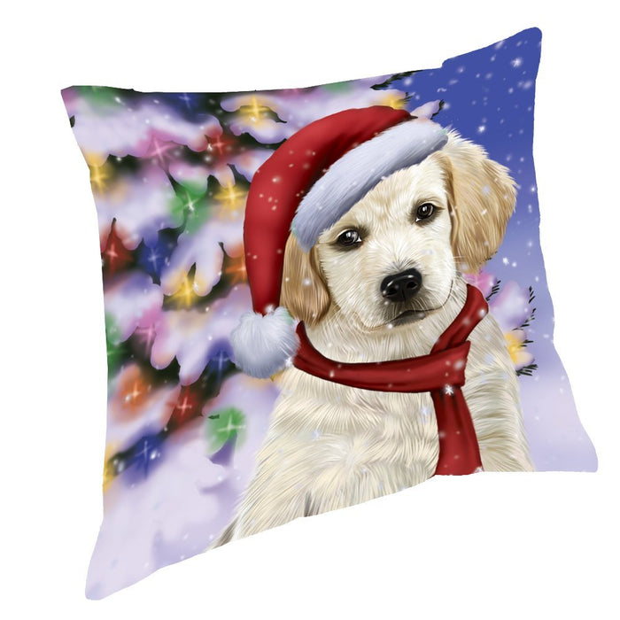 Winterland Wonderland Labrador Dog In Christmas Holiday Scenic Background Throw Pillow