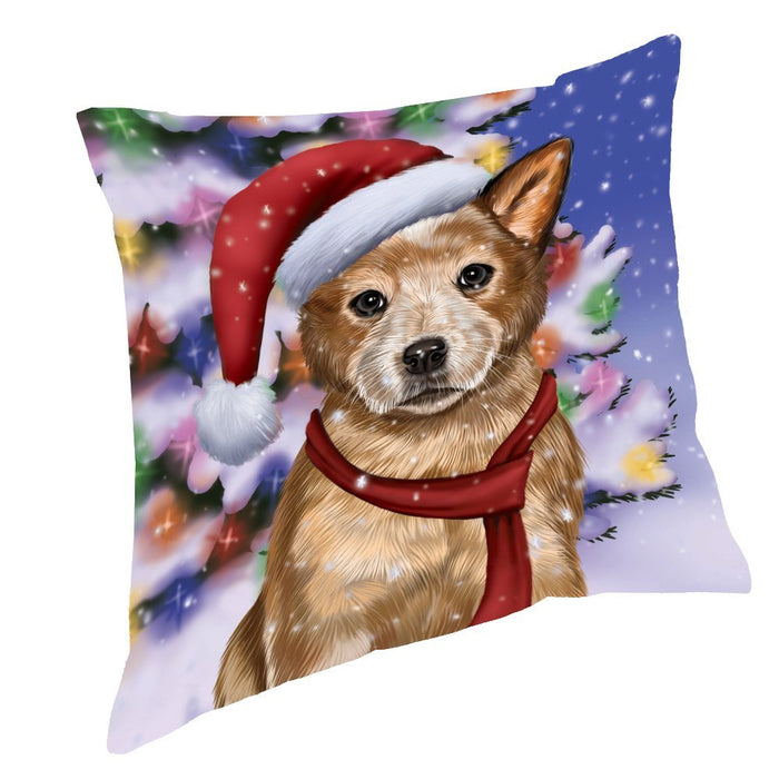 Winterland Wonderland Australian Cattle Dog In Christmas Holiday Scenic Background Throw Pillow