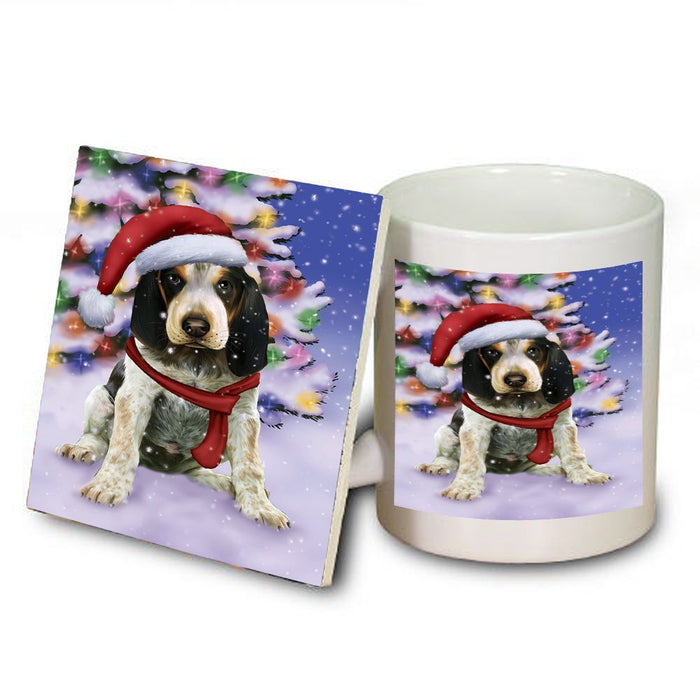 Winterland Wonderland Bluetick Coonhound Puppy Dog In Christmas Holiday Scenic Background Mug and Coaster Set