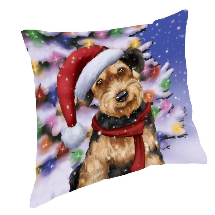 Winterland Wonderland Airedales Dog In Christmas Holiday Scenic Background Throw Pillow