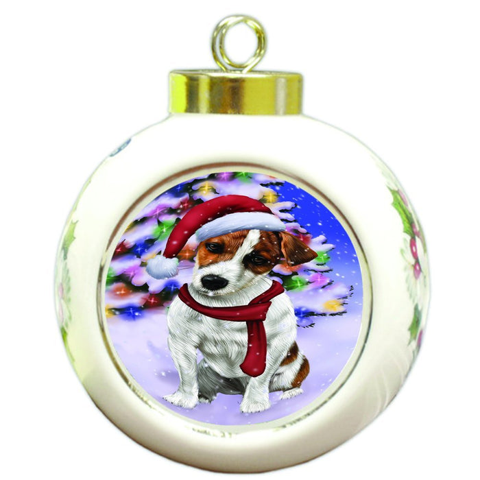 Winterland Wonderland Jack Russel Dog In Christmas Holiday Scenic Background Round Ball Ornament D574