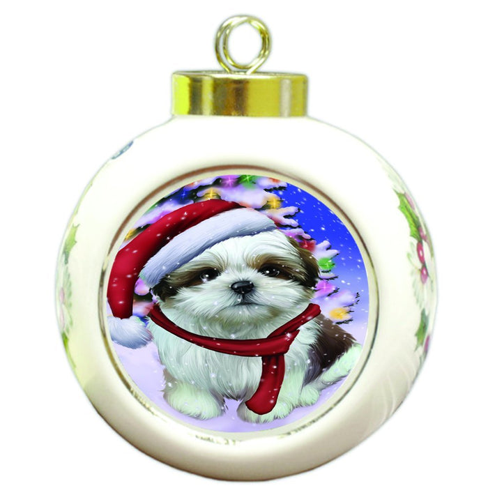 Winterland Wonderland Shih Tzu Dog In Christmas Holiday Scenic Background Round Ball Ornament D596