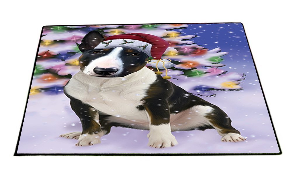 Winterland Wonderland Bull Terrier Dog In Christmas Holiday Scenic Background Indoor/Outdoor Floormat