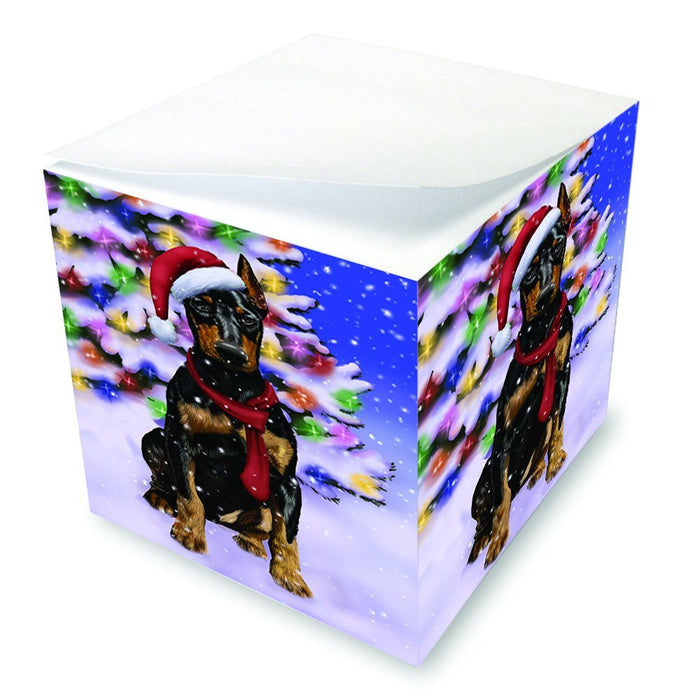 Winterland Wonderland Doberman Dog In Christmas Holiday Scenic Background Note Cube D656