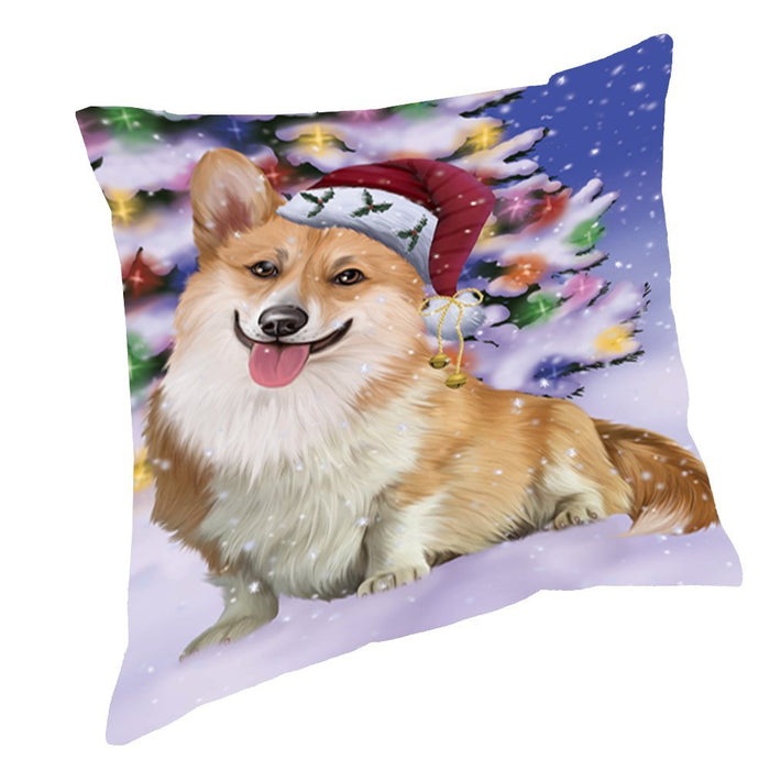 Winterland Wonderland Corgis Dog In Christmas Holiday Scenic Background Throw Pillow