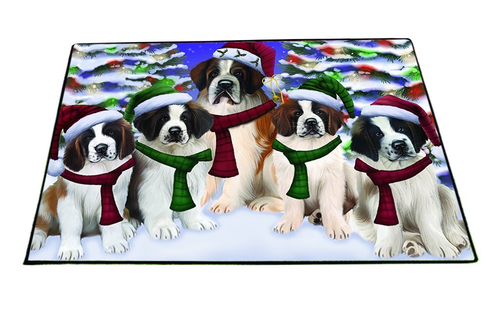 Saint Bernard Dog Christmas Family Portrait in Holiday Scenic Background Indoor/Outdoor Floormat