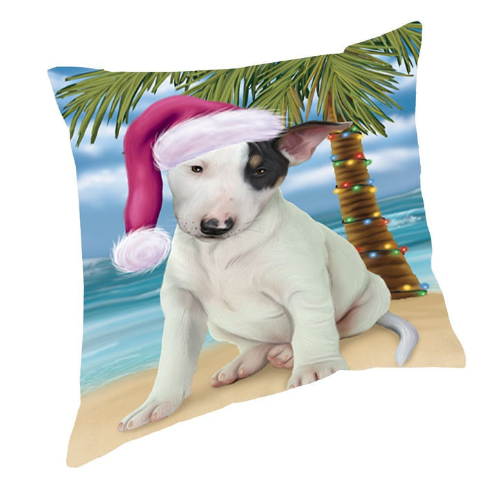 Summertime Happy Holidays Christmas Bull Terrier Dog on Tropical Island Beach Throw Pillow