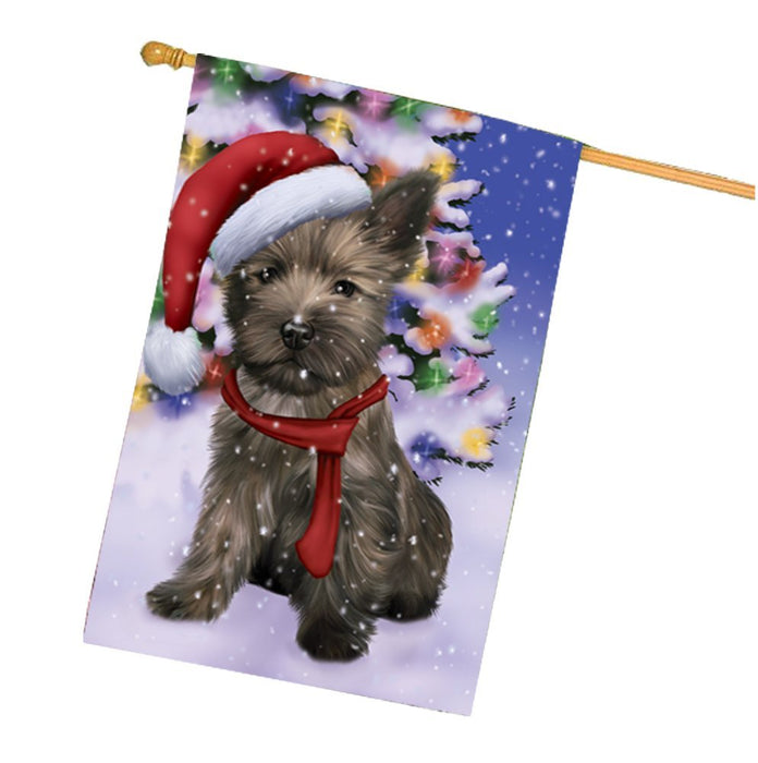 Winterland Wonderland Cairn Terrier Puppy Dog In Christmas Holiday Scenic Background House Flag