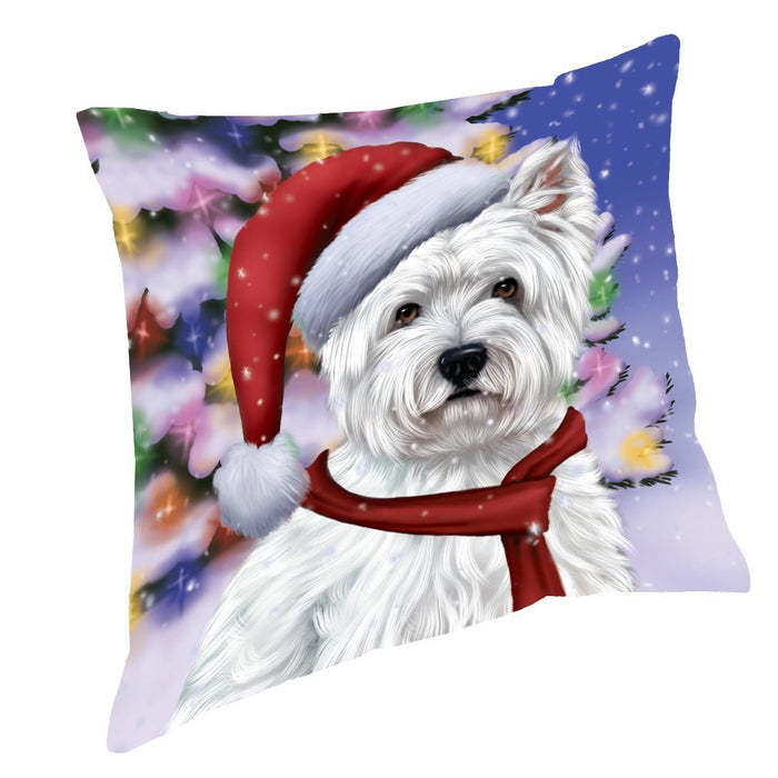 Winterland Wonderland West Highland Terriers Puppy Dog In Christmas Holiday Scenic Background Throw Pillow
