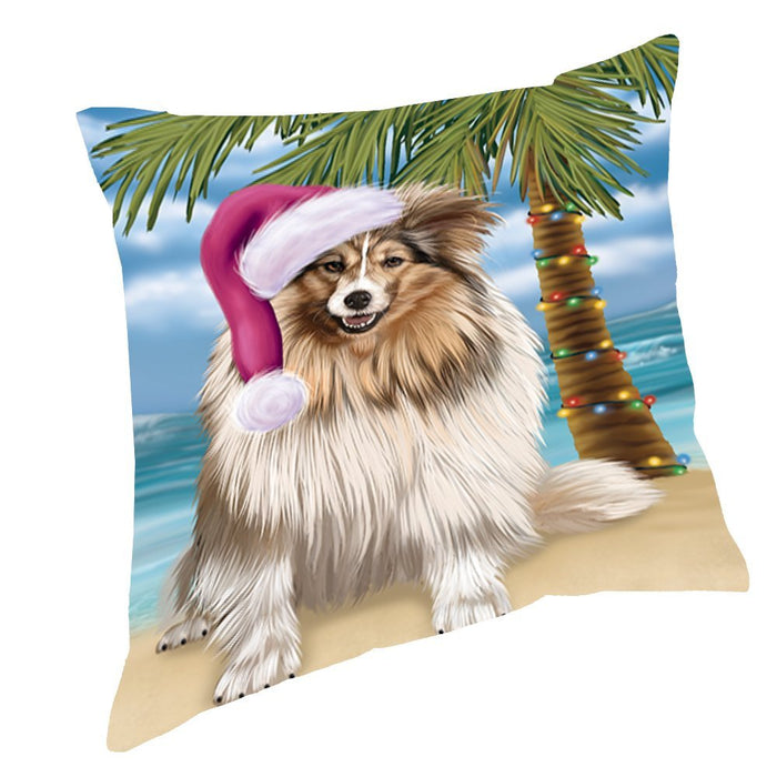 Summertime Happy Holidays Christmas Shetland Sheepdogs Dog on Tropical Island Beach Throw Pillow