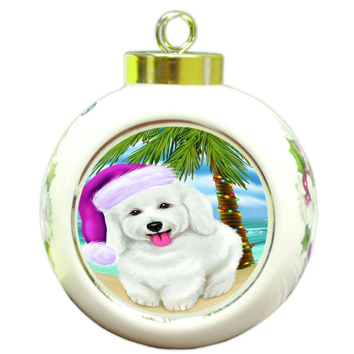 Summertime Happy Holidays Christmas Bichon Frise Dog on Tropical Island Beach Round Ball Ornament D496