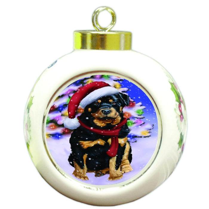 Winterland Wonderland Rottweiler Dog In Christmas Holiday Scenic Background Round Ball Ornament D583