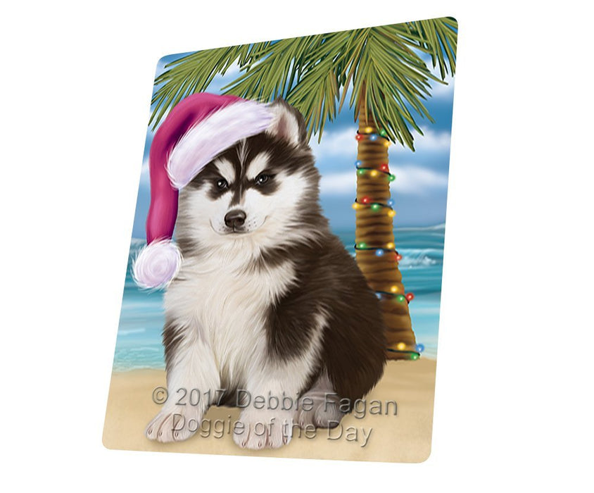 Summertime Happy Holidays Christmas Siberian Husky Dog on Tropical Island Beach Tempered Cutting Board