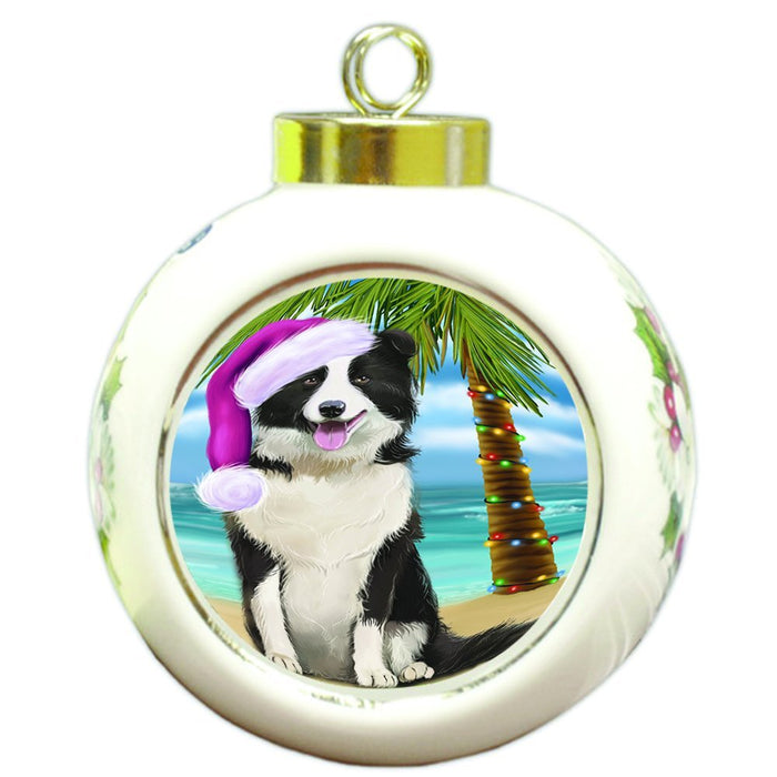 Summertime Happy Holidays Christmas Border Collie Dog on Tropical Island Beach Round Ball Ornament D505