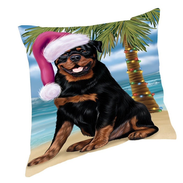 Summertime Happy Holidays Christmas Rottwielers Dog on Tropical Island Beach Throw Pillow