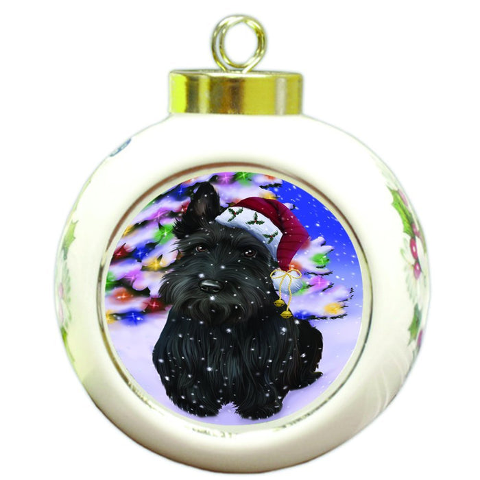Winterland Wonderland Scottish Terrier Dog In Christmas Holiday Scenic Background Round Ball Ornament D533