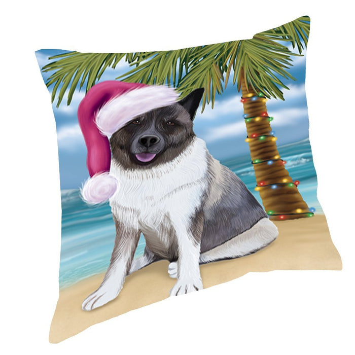 Summertime Christmas Happy Holidays Akita Dog on Beach Throw Pillow PIL1356