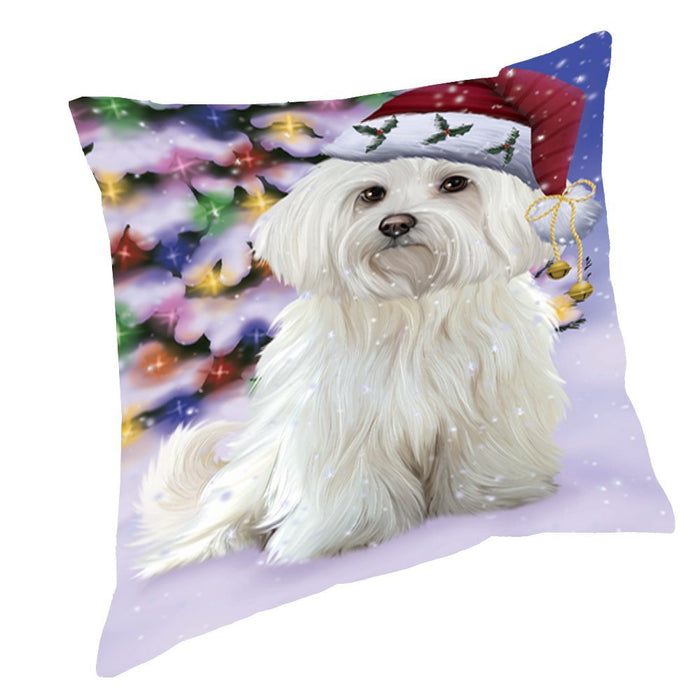 Winterland Wonderland Maltese Dog In Christmas Holiday Scenic Background Throw Pillow