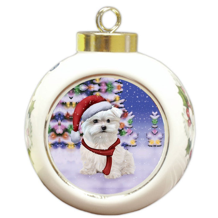 Winterland Wonderland Maltese Puppy Dog In Christmas Holiday Scenic Background Round Ball Ornament