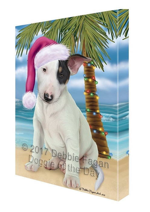 Summertime Happy Holidays Christmas Bull Terrier Dog on Tropical Island Beach Canvas Wall Art