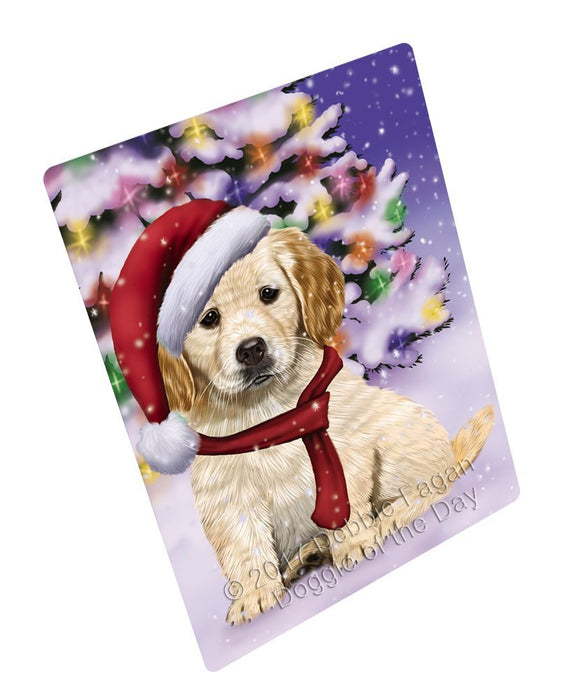 Winterland Wonderland Golden Retrievers Puppy Dog In Christmas Holiday Scenic Background Tempered Cutting Board