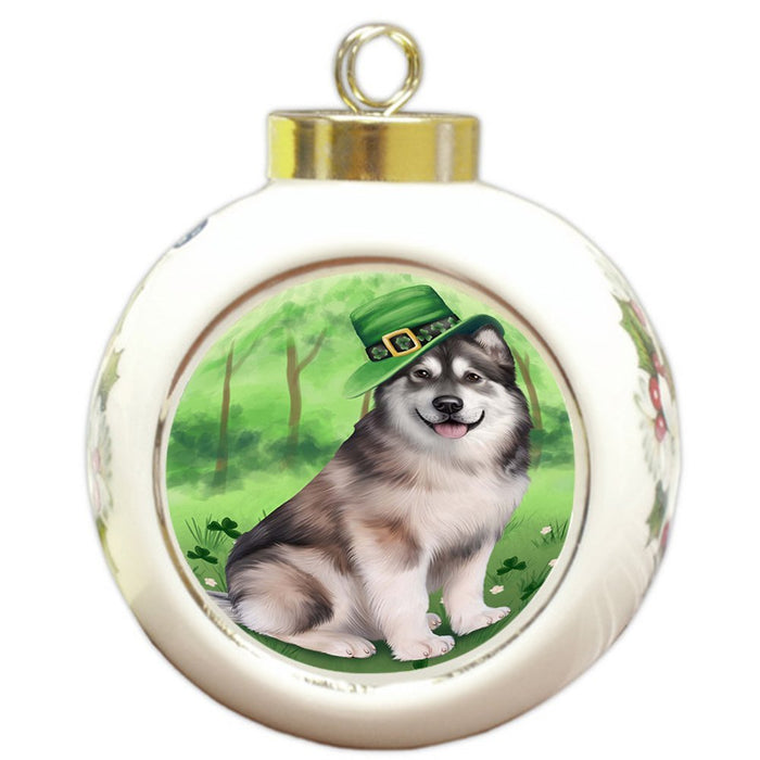 St. Patricks Day Irish Portrait Alaskan Malamute Dog Round Ball Christmas Ornament RBPOR48449