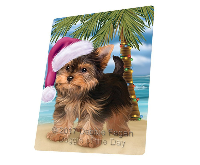 Summertime Happy Holidays Christmas Yorkshire Terrier Puppy Dog on Tropical Island Beach Tempered Cutting Board D153