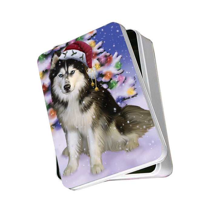 Winterland Wonderland Siberian Huskies Dog In Christmas Holiday Scenic Background Photo Storage Tin