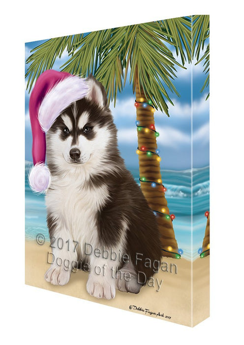 Summertime Happy Holidays Christmas Siberian Husky Dog on Tropical Island Beach Canvas Wall Art