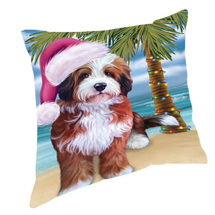 Summertime Christmas Happy Holidays Bernedoodle Dog on Beach Throw Pillow PIL1412