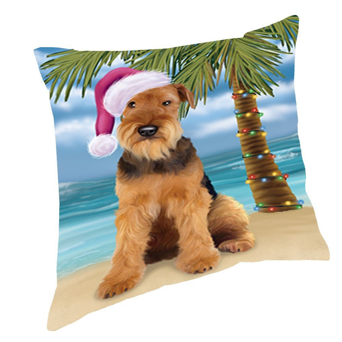 Summertime Christmas Happy Holidays Airedale Dog on Beach Throw Pillow PIL1352