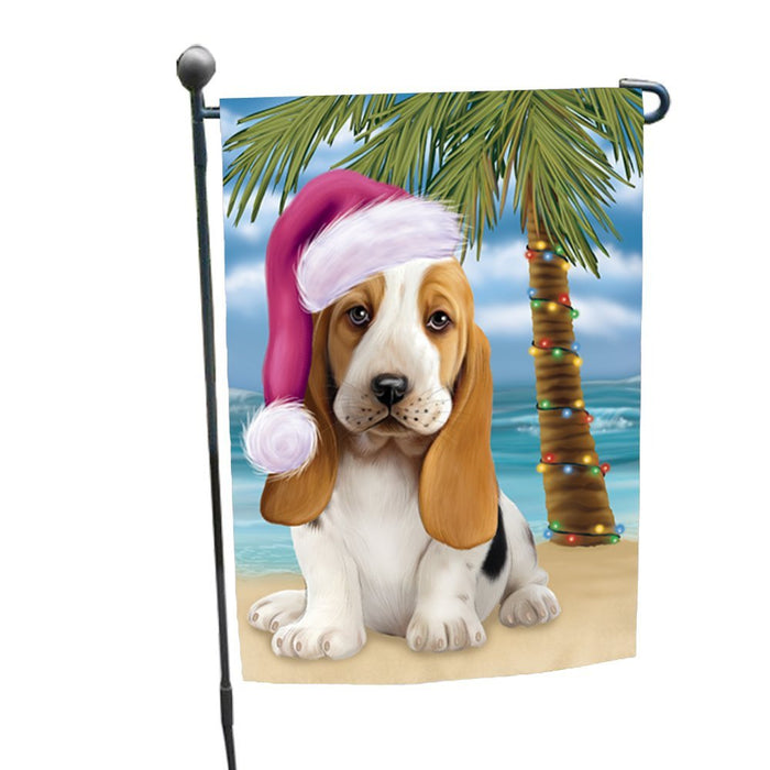 Summertime Happy Holidays Christmas Basset Hounds Dog on Tropical Island Beach Garden Flag