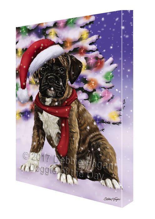 Winterland Wonderland Boxers Puppy Dog In Christmas Holiday Scenic Background Painting Printed on Canvas Wall Art
