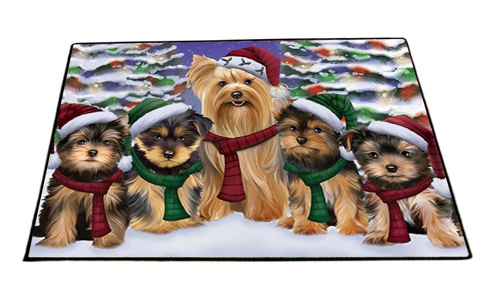 Yorkshire Terriers Dog Christmas Family Portrait in Holiday Scenic Background Indoor/Outdoor Floormat