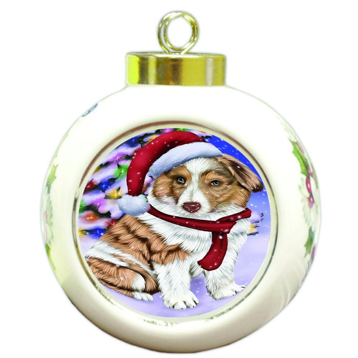 Winterland Wonderland Australian Shepherds Dog In Christmas Holiday Scenic Background Round Ball Ornament D542