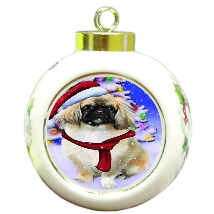 Winterland Wonderland Pekingese Dog In Christmas Holiday Scenic Background Round Ball Ornament D532