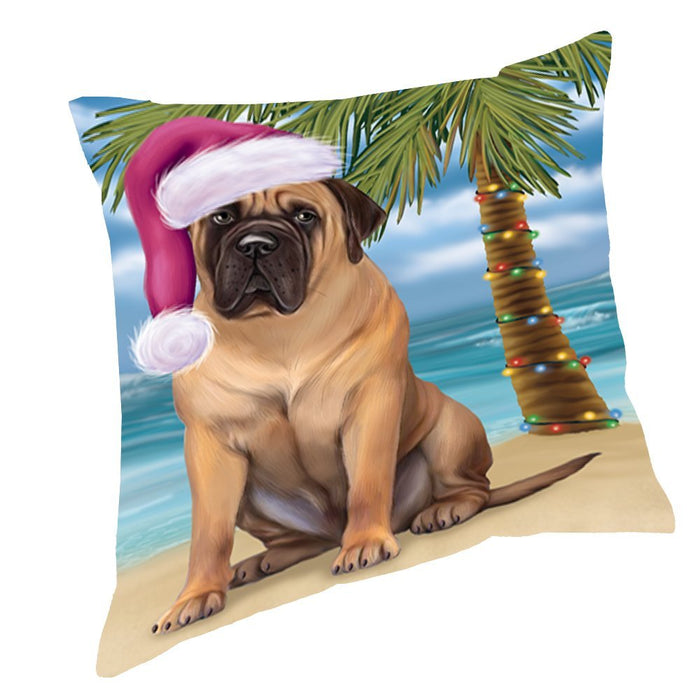 Summertime Happy Holidays Christmas Bull Mastiff Dog on Tropical Island Beach Throw Pillow