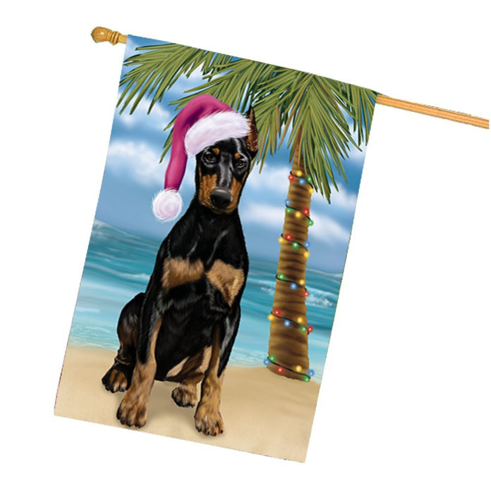 Summertime Happy Holidays Christmas Doberman Dog on Tropical Island Beach House Flag